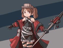 Rule 34 | 1girl, angelina (arknights), arknights, belt, black shirt, black shorts, brown eyes, brown hair, coat, commentary, cosplay, cowboy shot, english commentary, flat chest, kantai collection, looking at viewer, multicolored background, one-hour drawing challenge, outstretched arms, polearm, red coat, ryuujou (kancolle), shirt, shorts, sixten, sleeveless, sleeveless shirt, solo, spear, twintails, visor cap, weapon