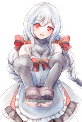 Rule 34 | 1girl, alternate hairstyle, anna (sennen sensou aigis), apron, bow, detached sleeves, dress, food, grey hair, hair bow, hair ornament, hairclip, heart-shaped gem, long hair, red bow, red eyes, sennen sensou aigis, simple background, smile, standing, twintails, very long hair, white background, yamakou (pixiv16324)