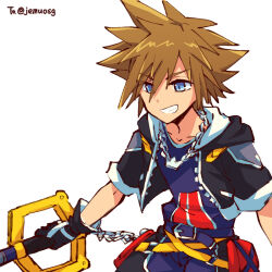 Rule 34 | 1boy, alonemistrist, belt, black gloves, blue eyes, brown hair, chain necklace, cropped jacket, gloves, hair between eyes, jacket, jewelry, keyblade, kingdom hearts, kingdom hearts 3d dream drop distance, male focus, necklace, open clothes, open jacket, short sleeves, smile, solo, sora (kingdom hearts), spiked hair, teeth, upper body, white background