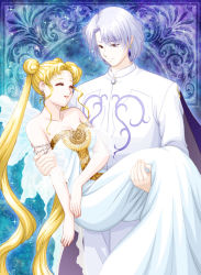Rule 34 | 1boy, 1girl, armlet, asymmetrical bangs, bare arms, bare shoulders, bishoujo senshi sailor moon, blonde hair, breasts, cape, carrying, cleavage, closed eyes, closed mouth, collarbone, couple, double bun, dress, earrings, expressionless, hair bun, half-closed eyes, hetero, jewelry, long dress, long hair, looking at another, magical girl, medium breasts, mizuha (aqua no hane), neck, official alternate costume, pants, parted bangs, parted lips, prince demande, princess carry, princess serenity, purple cape, purple eyes, shirt, short hair, silver hair, sleeping, standing, strapless, strapless dress, tsukino usagi, twintails, very long hair, white dress, white pants, white shirt