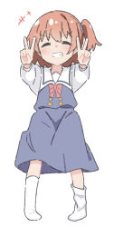 +++ 1girl ^_^ blue_dress blush bow brown_hair closed_eyes commentary_request double_v dress full_body grin hair_between_eyes highres hoshino_hinata kapuru_0410 no_shoes one_side_up outstretched_arms red_bow school_uniform simple_background smile socks solo standing v v-shaped_eyebrows watashi_ni_tenshi_ga_maiorita! white_background white_socks