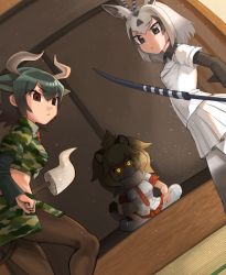 Rule 34 | &gt;:&lt;, 10s, 3girls, :&lt;, animal ears, arabian oryx (kemono friends), aurochs (kemono friends), bad id, bad pixiv id, black eyes, black hair, black legwear, black shirt, blonde hair, breast pocket, breasts, brown eyes, camouflage, camouflage shirt, camouflage skirt, clenched hand, closed mouth, collar, collared shirt, cow ears, cow tail, crop top, dark-skinned female, dark skin, dot nose, dutch angle, eyebrows, eyelashes, from behind, from side, fur collar, gazelle ears, gazelle tail, glowing, glowing eyes, gradient legwear, grey legwear, hair between eyes, hands on legs, holding, holding weapon, horn lance, horns, indian style, indoors, kemono friends, kumo955, large breasts, layered sleeves, lion (kemono friends), lion ears, lion tail, long sleeves, looking at viewer, looking back, mane, medium breasts, medium hair, multicolored clothes, multicolored hair, multicolored legwear, multiple girls, necktie, orange necktie, pantyhose, pencil skirt, plaid, plaid necktie, plaid neckwear, pleated skirt, pocket, polearm, red necktie, red skirt, shirt, short hair, short over long sleeves, short sleeves, side slit, sitting, skirt, sleeve cuffs, sliding doors, small breasts, tail, tatami, thighhighs, tsurime, two-tone legwear, v-shaped eyebrows, wavy hair, weapon, white hair, white legwear, white shirt, white skirt, wing collar, yellow eyes