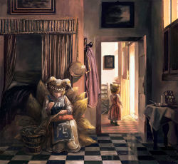 Rule 34 | 2girls, amibazh, animal ears, animal hat, bed, blurry, candle, cape, cat ears, cat tail, chair, checkered floor, chen, curtains, cushion, dark, depth of field, door, expressionless, fox tail, hat, indoors, mob cap, multiple girls, multiple tails, on bed, painting (object), sewing, signature, sitting, sunlight, table, tail, touhou, vase, window, yakumo ran