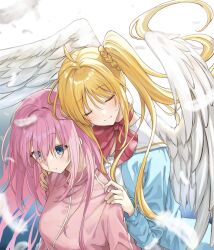 Rule 34 | 2girls, ahoge, angel, angel wings, blonde hair, blue background, blue eyes, blue jacket, blurry, blush, bocchi the rock!, bow, closed eyes, closed mouth, commentary, depth of field, eyelashes, falling feathers, feathered wings, feathers, gotoh hitori, gradient background, hair between eyes, hair spread out, hands on another&#039;s shoulders, head down, heads together, highres, hug, hug from behind, ijichi nijika, jacket, kanaria hisagi, long hair, long sleeves, multiple girls, parted lips, pink hair, pink jacket, red bow, sailor collar, school uniform, side ponytail, sidelocks, simple background, surprised, upper body, very long hair, white background, white feathers, white sailor collar, white wings, wings