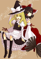 Rule 34 | 2girls, back-to-back, bad id, bad pixiv id, blonde hair, boots, bow, broom, broom riding, brown hair, detached sleeves, female focus, hair bow, hakurei reimu, hat, japanese clothes, kirisame marisa, knee boots, long hair, miko, multiple girls, multiple riders, nntn, short hair, touhou, witch, witch hat