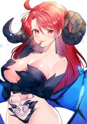Rule 34 | 1girl, ahoge, black gloves, breasts, crest, detached sleeves, gloves, horns, long hair, magicami, ohtori aka, red eyes, red hair, saidasai, solo, tongue, tongue out, white background, wings