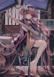 Rule 34 | 1girl, ahoge, alternate costume, bare legs, barefoot, black choker, black jacket, blurry, bow, bracelet, brown dress, cable, chain, character name, choker, closed mouth, commentary, dated, depth of field, dress, electric guitar, english commentary, flower, full body, glint, guitar, hair bow, hair flower, hair ornament, heart, highres, indoors, instrument, jacket, jewelry, long hair, looking at viewer, low twintails, monitor, nail polish, open clothes, open jacket, purple eyes, purple hair, purple nails, screen, signature, sitting, smile, solo, speaker, toenail polish, toenails, touhou, tsukumo benben, twintails, unzipped, very long hair, white bow, yasato, zipper, zipper pull tab