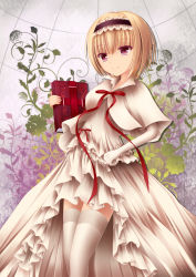 Rule 34 | 1girl, absurdres, alice margatroid, alternate costume, blonde hair, book, bow, capelet, dress, elbow gloves, female focus, gloves, hair bow, hairband, highres, purple eyes, short hair, single glove, smile, solo, thighhighs, touhou, white dress, white thighhighs, y453438489