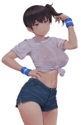 Rule 34 | 1girl, adjusting hair, alternate costume, arm up, blue shorts, blue wristband, breasts, brown eyes, brown hair, closed mouth, covered erect nipples, highres, kaga (kancolle), kantai collection, large breasts, long hair, midriff, navel, see-through, see-through shirt, shirt, short shorts, short sleeves, shorts, side ponytail, solo, sweat, tied shirt, wa (genryusui), white background, white shirt
