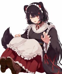 Rule 34 | 1girl, :d, animal ears, black hair, claw pose, commentary request, dog ears, fang, heterochromia, highres, inui toko, long hair, looking at viewer, maid, maid headdress, mochidash, nijisanji, open mouth, red eyes, simple background, sitting, smile, solo, virtual youtuber, wa maid, white background, wide sleeves, yellow eyes