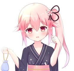Rule 34 | 1girl, black kimono, blush, collarbone, flower, hair between eyes, hair flaps, hair flower, hair ornament, hands up, harusame (kancolle), highres, holding, japanese clothes, kantai collection, kimono, kinchaku, liang feng qui ye, long sleeves, obi, parted lips, pink flower, pink hair, pouch, red eyes, sash, side ponytail, simple background, solo, upper body, wavy mouth, white background, wide sleeves