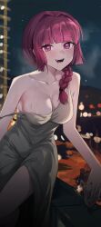 Rule 34 | 1girl, absurdres, alcohol carton, bare arms, bare shoulders, blunt bangs, blurry, blurry background, blush, bocchi the rock!, braid, breasts, cleavage, collarbone, commentary, dress, drooling, drunk, fang, green dress, hair over shoulder, highres, hiroi kikuri, holding carton, large breasts, long hair, looking at viewer, night, open mouth, ori (0rizuru), purple eyes, purple hair, single braid, sitting, sleeveless, sleeveless dress, smile, solo, strap slip