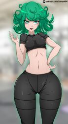 Rule 34 | 1girl, ass, breasts, curly hair, curvy, green eyes, green hair, gym, highres, huge ass, looking at viewer, one-punch man, pants, shiny skin, solo, tatsumaki, thick thighs, thighs, tight clothes, wide hips, zonen404