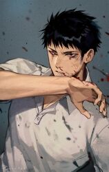 Rule 34 | 1boy, black eyes, black hair, blood, blood from mouth, collared shirt, dorohedoro, highres, nosebleed, panco, parted lips, shirt, short hair, short sleeves, sideburns, solo, teeth, tetsujo, upper body, white shirt