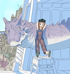 Rule 34 | 1girl, :d, blue sky, brown hair, commentary, day, dinosaur, english commentary, green hat, hat, jumpsuit, ladder, open mouth, original, outdoors, sandals, sauropod, sky, smile, solo, tagme, y naf