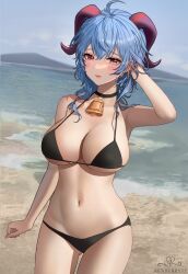 Rule 34 | 1girl, absurdres, ahoge, alternate costume, arm behind head, arm up, armpits, artist name, bare arms, bare shoulders, beach, bell, bikini, black bikini, black choker, blue sky, blush, breasts, choker, cleavage, closed mouth, commentary, cowbell, cowboy shot, day, dutch angle, english commentary, ganyu (genshin impact), genshin impact, gluteal fold, goat horns, halterneck, hand in own hair, highres, horns, large breasts, lips, looking at viewer, mountainous horizon, navel, neck bell, ocean, outdoors, raised eyebrows, red eyes, renberry, sand, shore, sky, solo, stomach, strap gap, string bikini, swimsuit, thighs, underboob
