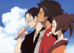 Rule 34 | 00s, 1girl, 2boys, artist request, cloud, day, fuu (samurai champloo), glasses, highres, japanese clothes, jin (samurai champloo), kimono, kiseru, mugen (samurai champloo), multiple boys, samurai champloo, scan, sky, smoking pipe