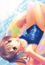 Rule 34 | 1girl, :d, absurdres, afloat, bare arms, bare legs, bare shoulders, blue one-piece swimsuit, blush, breasts, brown eyes, brown hair, competition school swimsuit, day, eyebrows, from above, highres, innertube, long hair, looking at viewer, looking up, lying, on back, one-piece swimsuit, open mouth, original, outdoors, partially submerged, ponytail, scan, school swimsuit, shiny clothes, small breasts, smile, solo, sunlight, swim ring, swimsuit, takoyaki (roast), water, wet