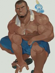 Rule 34 | 1boy, abs, alternate costume, atcesolcyc, bara, beard, blue shorts, brown hair, bulge, buzz cut, casual, character request, cigarette, creature, creature on shoulder, creatures (company), dark-skinned male, dark skin, dog tags, facial hair, facial mark, full body, game freak, goatee, jewelry, large pectorals, looking at viewer, male focus, matt (pokemon), mature male, muscular, muscular male, navel, necklace, nintendo, nipples, on shoulder, pectorals, pokemon, pokemon (creature), pokemon rse, pokemon swsh, sandals, short hair, shorts, solo, squatting, stomach, topless male, very short hair, wet