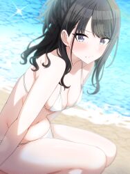 Rule 34 | 1girl, absurdres, beach, bikini, black hair, blue eyes, blush, breasts, cleavage, closed mouth, collarbone, day, frown, half updo, highres, idolmaster, idolmaster shiny colors, kazano hiori, long hair, looking at viewer, mole, mole under mouth, musha no kozi, navel, ocean, outdoors, ponytail, sand, sitting, small breasts, solo, swept bangs, swimsuit, water, white bikini