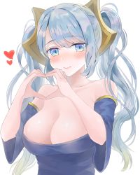 Rule 34 | blue eyes, blue hair, blush, breasts, cleavage, dress, hair ornament, heart, heart hands, highres, large breasts, league of legends, smile, solo, sona (league of legends), twintails, usagi (3828164)