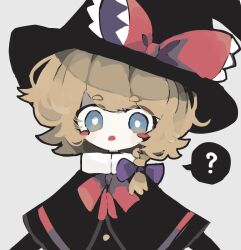 Rule 34 | 1girl, ?, black capelet, black hat, blonde hair, blue eyes, blush, bow, bowtie, braid, bright pupils, capelet, cookie (touhou), hat, inm 6904, kirisame marisa, looking at viewer, meguru (cookie), open mouth, purple bow, red bow, red bowtie, short hair, simple background, solo, touhou, white pupils, witch hat