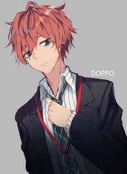 Rule 34 | 1boy, adjusting clothes, adjusting necktie, adjusting neckwear, bags under eyes, black jacket, blue hair, brown hair, closed mouth, collared shirt, dutch angle, green eyes, green necktie, grey background, highres, hypnosis mic, jacket, male focus, messy hair, multicolored hair, nagishiro mito, necktie, open clothes, open jacket, original, shirt, simple background, solo, striped clothes, striped shirt, two-tone hair, upper body, vertical-striped clothes, vertical-striped shirt, white shirt