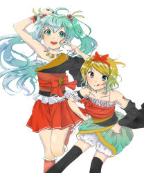 Rule 34 | 2girls, :q, ahoge, blonde hair, blue eyes, green eyes, green hair, hands on own hips, hatsune miku, highres, jewelry, kagamine rin, kneehighs, multiple girls, nail polish, necklace, nishiyama (nicf), simple background, skirt, socks, thighhighs, tongue, tongue out, twintails, vocaloid, white background