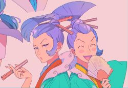 Rule 34 | 2boys, :d, absurdres, ace attorney, blue eyes, blue jacket, blunt ends, blush stickers, closed eyes, fan hair ornament, fingernails, hair bun, hand fan, happi, highres, holding, holding fan, jacket, japanese clothes, kimono, looking at viewer, multiple boys, open mouth, orange kimono, ouse (otussger), purple hair, simple background, single sidelock, smile, topknot, two-tone kimono, uendo toneido, yellow kimono