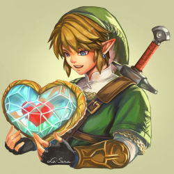 Rule 34 | 1boy, :d, blonde hair, blue eyes, brown background, chain, cropped torso, fingerless gloves, gloves, green hat, green shirt, hat, heart, highres, jewelry, la-sera, link, male focus, nintendo, open mouth, pointy ears, shirt, smile, solo, sword, teeth, the legend of zelda, the legend of zelda: twilight princess, tunic, upper teeth only, weapon