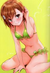 Rule 34 | 1girl, absurdres, arm support, bare shoulders, bikini, blush, breasts, brown eyes, brown hair, closed mouth, collarbone, hair ornament, highres, isshi pyuma, looking at viewer, medium hair, misaka mikoto, navel, scan, sitting, small breasts, smile, solo, stomach, swimsuit, thighs, toaru kagaku no railgun, toaru majutsu no index, yellow background
