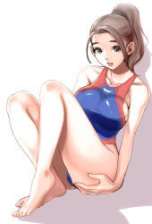 Rule 34 | 1girl, ass, barefoot, breasts, brown eyes, brown hair, collarbone, competition swimsuit, dytm, full body, highres, large breasts, legs, lips, long hair, looking at viewer, one-piece swimsuit, open mouth, original, ponytail, pool monitor part-timer (dtym), scrunchie, sideboob, sitting, solo, swimsuit