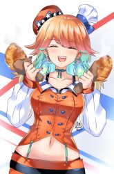Rule 34 | 1girl, bird, bow choker, breasts, chef hat, chicken, chicken leg, closed eyes, earrings, feather earrings, feathers, food, food focus, gradient hair, hat, highres, hololive, hololive english, jewelry, large breasts, maroonabyss, midriff, multicolored hair, open mouth, orange hair, orange hat, smile, solo, takanashi kiara, takanashi kiara (1st costume), virtual youtuber