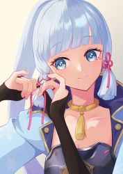 Rule 34 | 1girl, absurdres, armor, ayaka (genshin impact), blue capelet, blue eyes, blue hair, blunt bangs, blush, breastplate, breasts, capelet, cleavage, close-up, flower knot, genshin impact, hair ribbon, highres, jewelry, light blue hair, long hair, looking to the side, neck ring, neck tassel, pink ribbon, ponytail, ribbon, simple background, smile, solo, tress ribbon, tying hair, uni (maru231), upper body