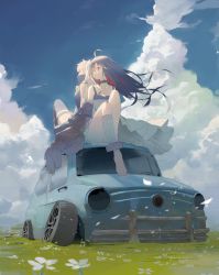 Rule 34 | 2girls, ahoge, alchemy stars, bandaged leg, bandages, black hair, car, collar, colored inner hair, day, dress, eve (alchemy stars), fiat, grey hair, high collar, highres, long hair, looking to the side, mechanical arms, motor vehicle, multicolored hair, multiple girls, natsumoka, outdoors, single mechanical arm, sitting, thighhighs, wind