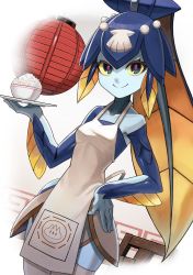 Rule 34 | 1girl, absurdres, apron, blue skin, bowl, colored sclera, colored skin, cowboy shot, dutch angle, fish girl, hand on own hip, highres, lantern, minette (skullgirls), plate, ponytail, rice, rice bowl, scales, skullgirls, smile, solo, yellow sclera, ziu