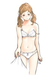 Rule 34 | 1girl, absurdres, blush, bra, breasts, brown eyes, cropped legs, highres, key (kagibangou), light brown hair, looking at viewer, medium hair, navel, original, panties, parted lips, simple background, small breasts, solo, straight-on, strap slip, sweatdrop, twintails, underwear, underwear only, white background, white bra, white panties