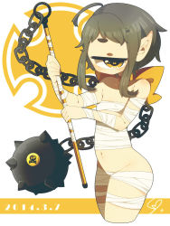Rule 34 | 1girl, ahoge, back bow, ball and chain (weapon), bow, breasts, brown hair, closed mouth, cropped legs, cyclops, dated, covered erect nipples, holding, holding weapon, jitome, looking at viewer, medium hair, muroku (aimichiyo0526), navel, one-eyed, original, pointy ears, sarashi, signature, small breasts, solo, standing, two-handed, weapon, x x, yellow bow, yellow eyes
