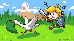 Rule 34 | 1boy, adventislands, angry, blonde hair, chasing, chibi, crossover, egg, goose (untitled goose game), hat, highres, holding, holding sword, holding weapon, hylian shield, link, mountain, nintendo, pointy ears, shield, sword, the legend of zelda, the legend of zelda: link&#039;s awakening, untitled goose game, weapon