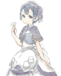 Rule 34 | 1boy, apron, bad id, bad pixiv id, beretneko, blue hair, brown eyes, capelet, dress, flower, from side, highres, holding, holding flower, looking at viewer, looking to the side, made in abyss, maid, maid apron, maid headdress, male focus, maruruk, parted lips, puffy short sleeves, puffy sleeves, short sleeves, simple background, smile, solo, trap, vest, white background