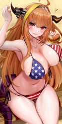 Rule 34 | 1girl, :d, absurdres, ahoge, alternate costume, american flag, american flag bikini, american flag print, armpits, bare shoulders, beach, bikini, black hairband, blonde hair, bow, breasts, burger, cleavage, commentary, crossed legs, diagonal-striped bow, dragon girl, dragon horns, dragon tail, eating, fang, female focus, flag print, food, front-tie bikini top, front-tie top, hairband, halterneck, highres, holding, holding food, hololive, horn bow, horn ornament, horns, kiryu coco, large breasts, looking at viewer, multi-strapped bikini, multicolored hair, navel, open mouth, orange hair, piukute062, print bikini, scales, side-tie bikini bottom, sitting, skin fang, skindentation, smile, solo, stomach, streaked hair, string bikini, striped, striped bow, summer, swimsuit, tail, thighs, virtual youtuber