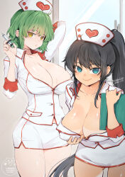 2girls bikini_tan blue_eyes bob_cut breasts cleavage clipboard dark-skinned_female dark_skin day drooping gluteal_fold green_hair hand_on_own_chest hat heart heart_print high_ponytail hikage_(senran_kagura) holding holding_syringe homura_(senran_kagura) kinako_(mzknk0) large_breasts long_hair looking_at_viewer medium_hair multiple_girls nurse nurse_cap ponytail senran_kagura sweat syringe tan tanline yellow_eyes