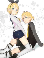 Rule 34 | 1boy, 1girl, ama mitsuki, arm support, blonde hair, blush, boots, brother and sister, casual, clover, clover hair ornament, hair ornament, hair ribbon, hand on head, kagamine len, kagamine rin, kneeling, looking at viewer, ribbon, sailor collar, short hair, short ponytail, shorts, siblings, sitting, straddling, suspenders, thigh boots, thighhighs, twins, vocaloid