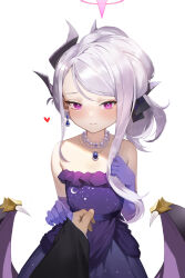 Rule 34 | 1girl, 1other, black horns, blue archive, blush, closed mouth, daika!!, dangle earrings, demon horns, demon wings, dress, earrings, elbow gloves, flat chest, gloves, grey hair, halo, heart, highres, hina (blue archive), hina (dress) (blue archive), horns, jewelry, long hair, looking at viewer, multiple horns, necklace, official alternate costume, official alternate hairstyle, pendant, purple dress, purple eyes, purple gloves, purple wings, simple background, solo focus, strapless, strapless dress, white background, wings