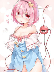 Rule 34 | 1girl, 2016, anzu ame, blush, bottomless, breasts, chemise, cleavage, collarbone, dated, eyeball, full-face blush, hairband, heart, komeiji satori, long sleeves, looking at viewer, medium breasts, no panties, off shoulder, pink hair, red eyes, saliva, shirt, short hair, solo, strap slip, string, sweat, third eye, tongue, tongue out, touhou, twitter username, wide sleeves