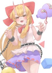 Rule 34 | 1girl, :d, alternate horns, blonde hair, blunt bangs, blush, bow, breasts, buttons, chain, commentary request, cowboy shot, cube, cuffs, fang, gourd, hair bow, highres, horns, ibuki suika, long hair, low-tied long hair, medium bangs, open mouth, orb, purple skirt, pyramid (structure), red bow, ribbon-trimmed skirt, ribbon trim, shirt, sidelocks, simple background, skin-covered horns, skirt, sleeveless, sleeveless shirt, small breasts, smile, solo, suwa (au swap), touhou, v-shaped eyebrows, very long hair, white background, white shirt, yellow eyes