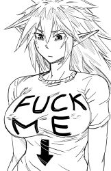 Rule 34 | 1girl, agarest senki, agarest senki (series), arrow (symbol), bad id, bb (baalbuddy), breasts, closed mouth, clothes writing, covered erect nipples, english text, fuck-me (text), fuck-me shirt, greyscale, hair between eyes, highres, inactive account, large breasts, lavinia (agarest senki), long hair, meme attire, monochrome, pointy ears, profanity, short sleeves, simple background, solo, spiked hair, sweatdrop, upper body, white background
