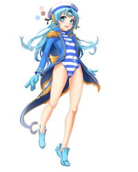 Rule 34 | 1girl, bad id, bad pixiv id, blue eyes, blue hair, character request, fins, hat, head fins, long hair, matching hair/eyes, military, mx2j, one-piece swimsuit, sailor hat, solo, striped clothes, striped one-piece swimsuit, swimsuit, turtleneck