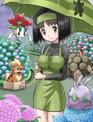 Rule 34 | 1girl, black hair, box, breasts, cardboard box, cloud, cloudy sky, cowboy shot, creatures (company), dress, erika (pokemon), eye contact, fang, floating, floette, floette (red flower), flower, game freak, gen 1 pokemon, gen 6 pokemon, golem, golem (pokemon), goomy, gradient hair, green dress, growlithe, gym leader, hairband, holding, hydrangea, in box, in container, leaf, light smile, long sleeves, looking at another, looking at viewer, medium breasts, multicolored hair, nintendo, oddish, outline, over shoulder, parted bangs, path, poke ball symbol, pokemoa, pokemon, pokemon (creature), pokemon (tcg), pokemon tcg, rain, road, shirt, short dress, short hair, sky, smile, standing, striped, tongue, tongue out, turtleneck, umbrella, wet
