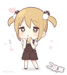 Rule 34 | 1girl, black footwear, black shorts, blonde hair, chibi, cookie, food, full body, green eyes, hair bobbles, hair ornament, hand on own cheek, hand on own face, hands up, heart, heart-shaped pupils, holding, holding food, kon hoshiro, looking at viewer, original, parted lips, shirt, short hair, short sleeves, short twintails, shorts, sidelocks, solo, standing, striped clothes, striped shirt, stuffed animal, stuffed rabbit, stuffed toy, suspender shorts, suspenders, symbol-shaped pupils, translation request, twintails, twitter username, white shirt
